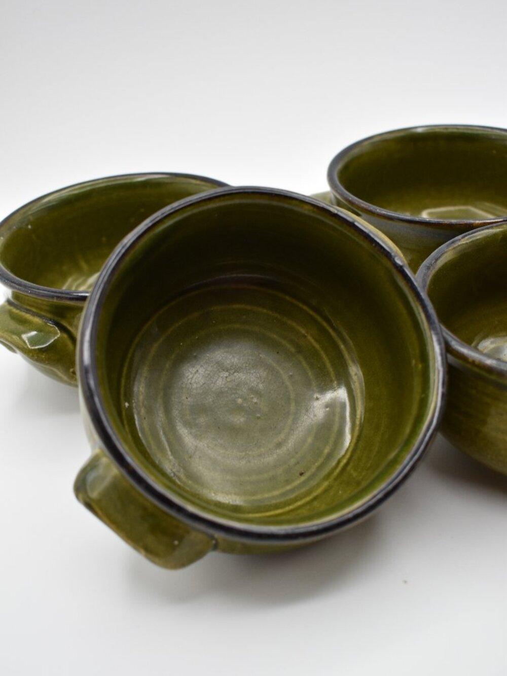 Vintage Olive Green Stoneware Onion Soup Bowls Set of 4 Double Handle